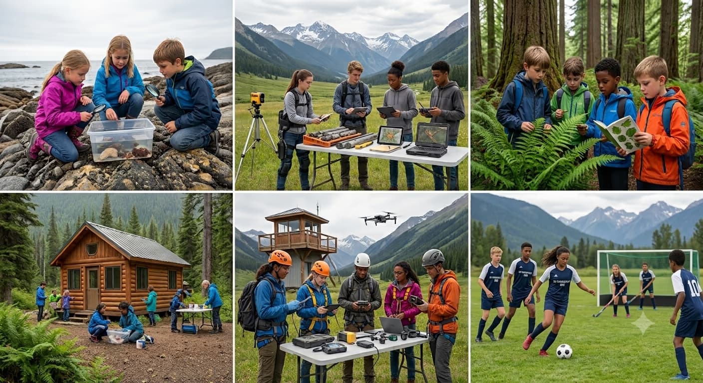 A collage of kids and teens exploring a shoreline, mountains and forest, doing field research, and playing soccer.